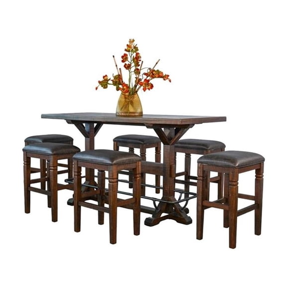Pemberly Row 7-Piece Rectangular Pub Table Set with Mahogany and Mindi Wood