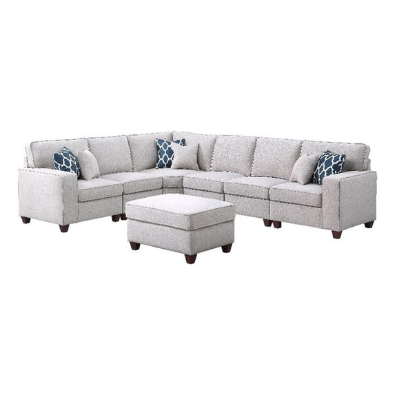 Pemberly Row 7-Piece Upholstered Fabric Sectional with Ottoman in Light Gray
