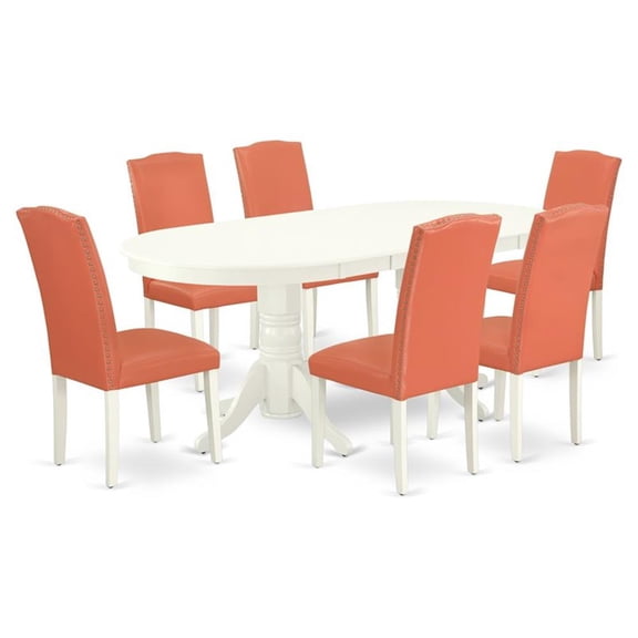 Pemberly Row 7-Piece Wood Dining Set in Linen White and Pink Flamingo