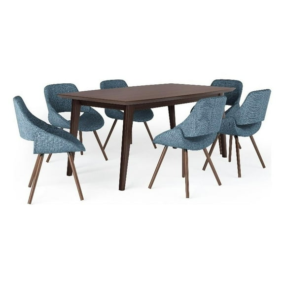Pemberly Row 7-Piece Wood Dining Set with 6 Dining Chairs in Java Brown/Denim
