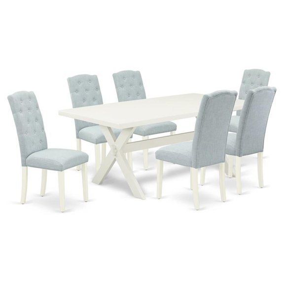 Pemberly Row 7-Piece X-Leg Dining Table Set with Baby Blue Finish