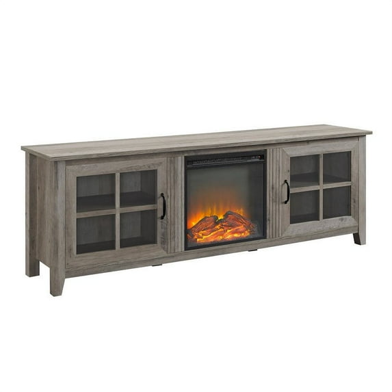 Pemberly Row 70" Fireplace TV Stand with Glass Door in Gray Wash