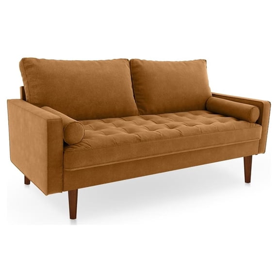 Pemberly Row 70" Square Arm Modern Velvet & Wood Sofa in Ginger Brown