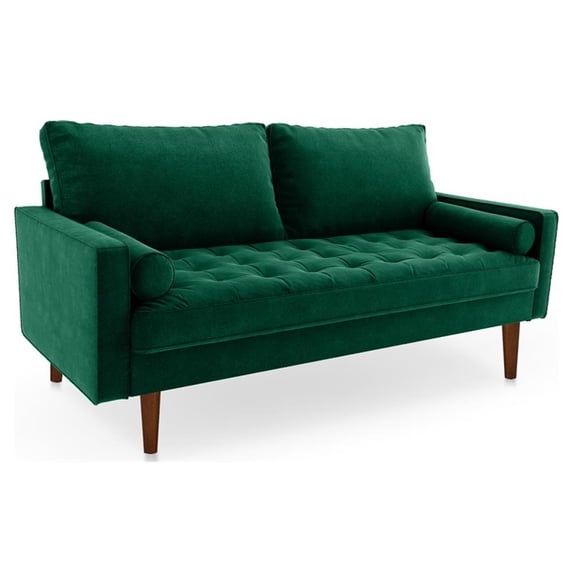 Pemberly Row 70" Square Arm Modern Velvet & Wood Sofa in Green