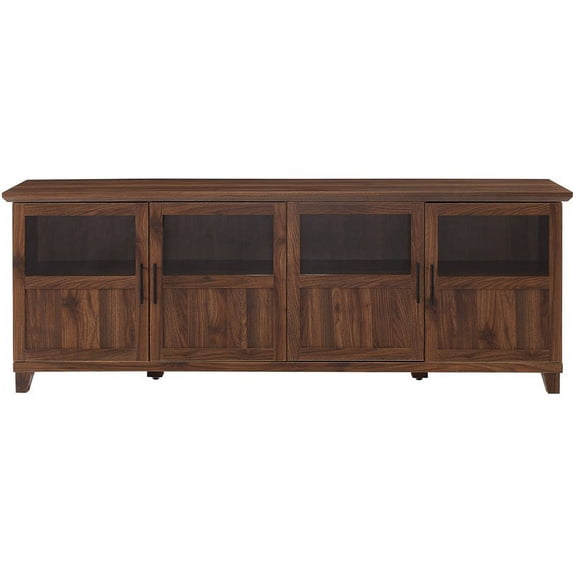 Pemberly Row 70" TV Console with Glass and Wood 4 Panel Doors in Dark Walnut