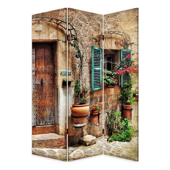 Pemberly Row 72" 3 Panel Canvas Room Divider Streets Flowers Multicolor