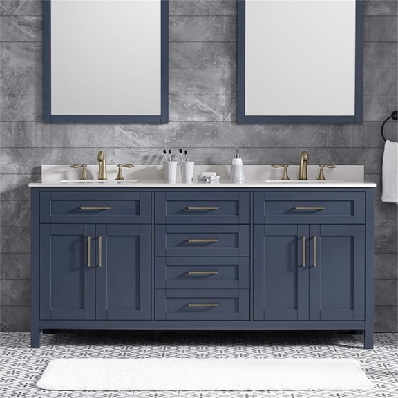 Pemberly Row 72" Double Vanity in Midnight Blue with White Countertop