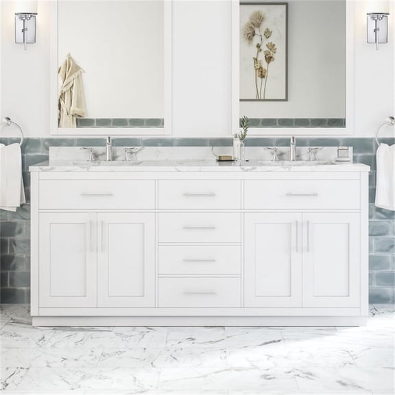 Pemberly Row 72" Double Vanity in White with White Countertop and Power Bar