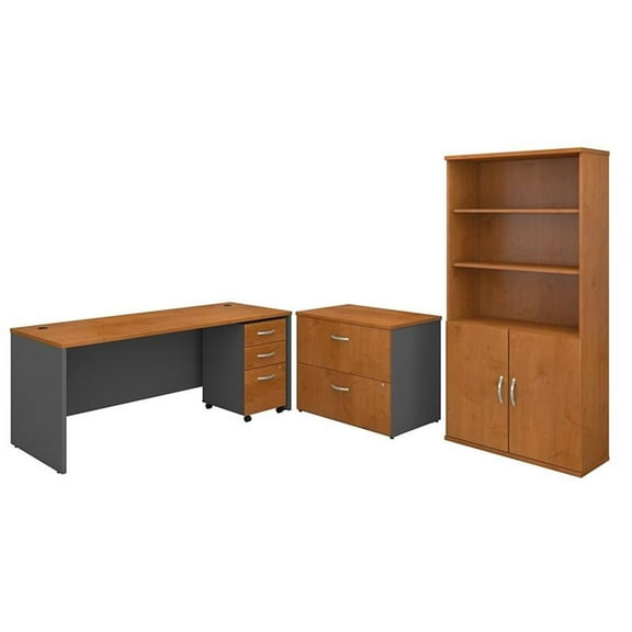 Pemberly Row 72"W Office Desk with Bookcase and File Cabinet-Natural Cherry Gray