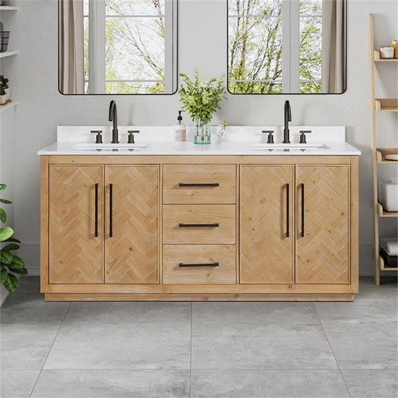 Pemberly Row 72" Wood Vanity in Weathered Fir Engineered Stone Top (No Mirror)