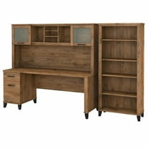 Pemberly Row 72W Desk with Hutch and Bookcase in Fresh Walnut - Engineered Wood