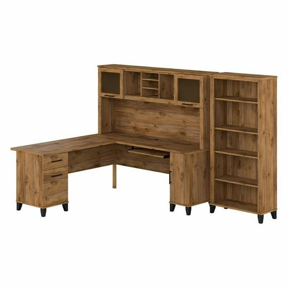 Pemberly Row 72W L Desk with Hutch & Bookcase in Fresh Walnut - Engineered Wood