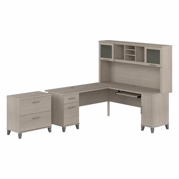 Pemberly Row 72W L Desk with Hutch & File Cabinet in Sand Oak - Engineered Wood