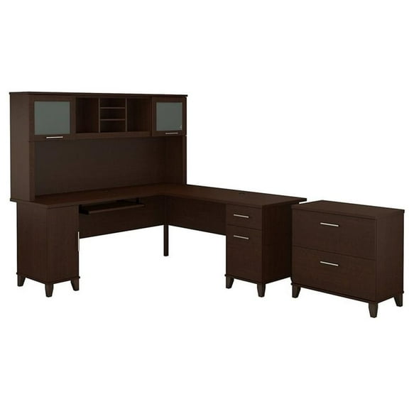 Pemberly Row 72W L Shaped Desk with Hutch and File Cabinet in Mocha Cherry