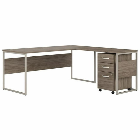 Pemberly Row 72W L-Shaped Table Desk with Drawers in Hickory - Engineered Wood