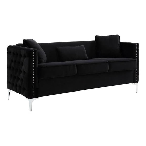 Pemberly Row 73 Inch Nailhead Trim Sofa with Pocket Coil Springs in Black Velvet