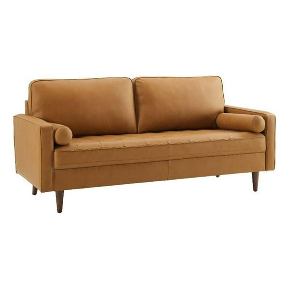 Pemberly Row 73" Modern Top Grain Leather Upholstered Sofa in Tan