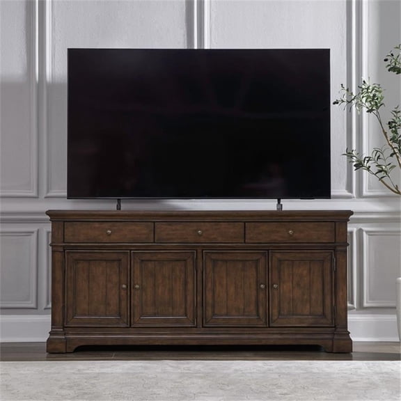 Pemberly Row 74 Inch TV Console with Alder Doors and Wire Management in Cherry
