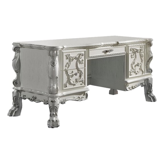 Pemberly Row 75" Wood Office Desk with Floral Carvings in Bone White