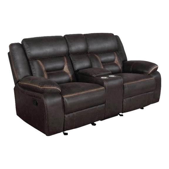 Pemberly Row 77" Glider Manual Recliner Loveseat in Dark Brown Faux Leather