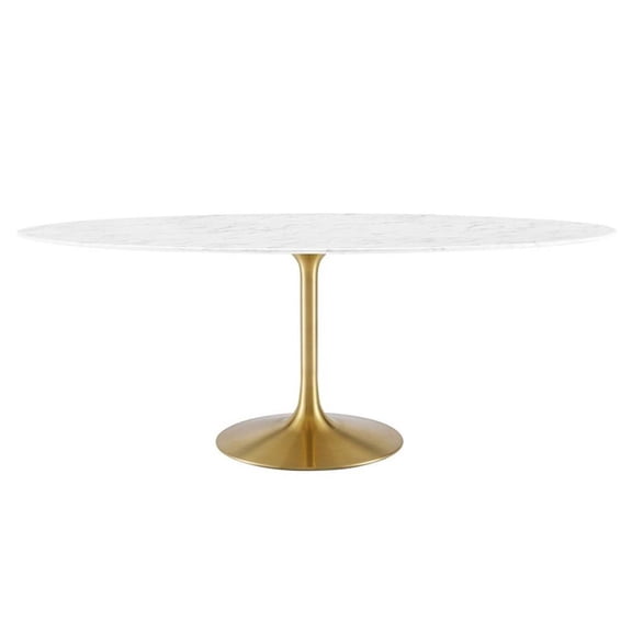 Pemberly Row 78" Oval Faux Marble & Metal Dining Table in Gold and White