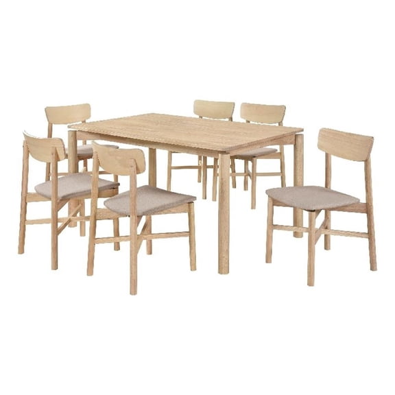 Pemberly Row 7Pc Dining Table Set w/ 6 Tan Brown Upholstered Chairs White Washed