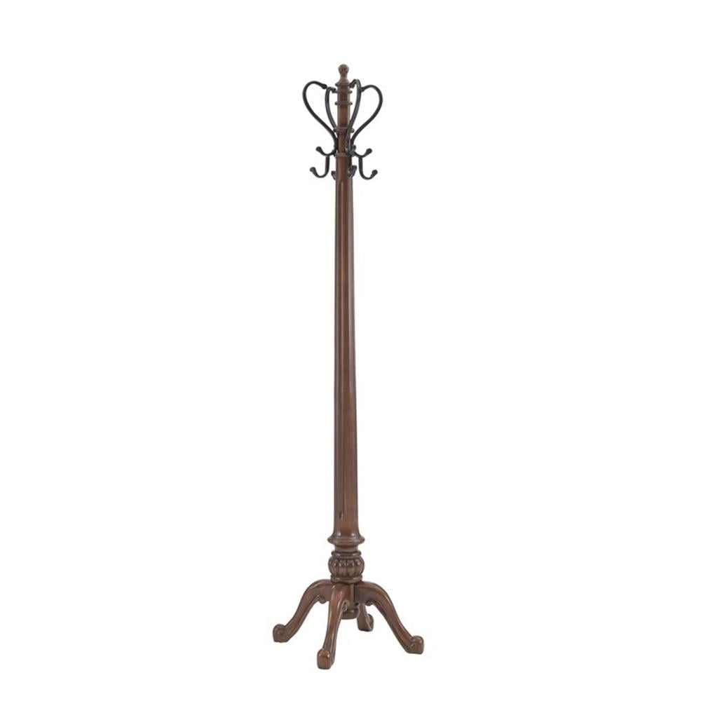 Warm Brown and Antique Brass Wood Coat Rack with Curved Legs