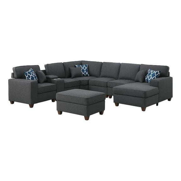 Pemberly Row 8-Piece Fabric Upholstered Sectional w/ Console & Chaise-Dark Gray