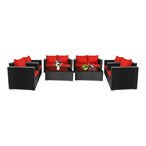 Pemberly Row 8 Pieces Rattan Patio Furniture Set with Cushion in Black/Red