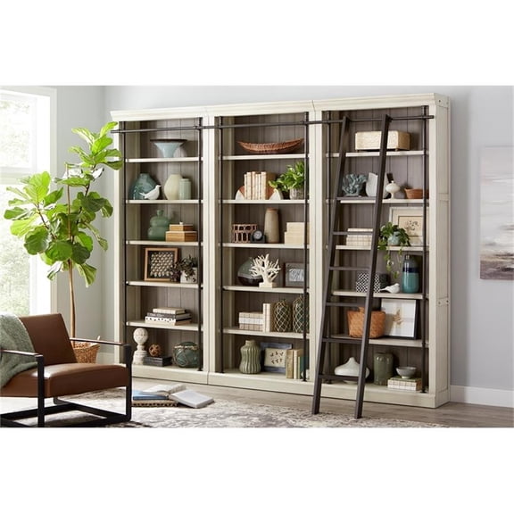 Pemberly Row 8' Tall Wood Bookcase Wall With Ladder Aged Office Bookcases White