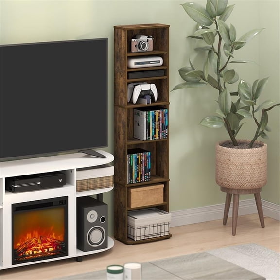 Pemberly Row 8 Tier Narrow Adjustable Media Shelf Storage Tower in Amber Pine