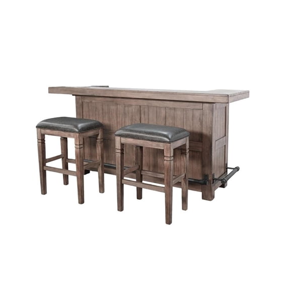 Pemberly Row 80" 3-Piece Wood Home Bar with Stemware Rack and Foot Rail