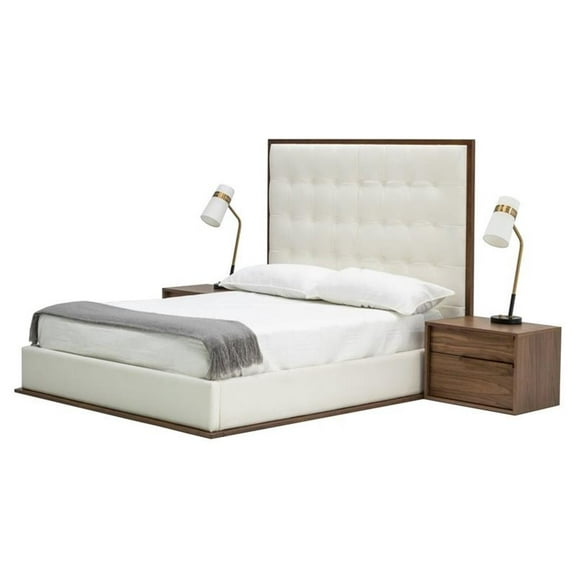 Pemberly Row 83.94x87.32" Vegan Leather Eastern King Bed in White/Walnut