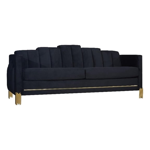 Pemberly Row 83" Sofa in Black Velvet with Blue LED Lights & Gold Metal Legs