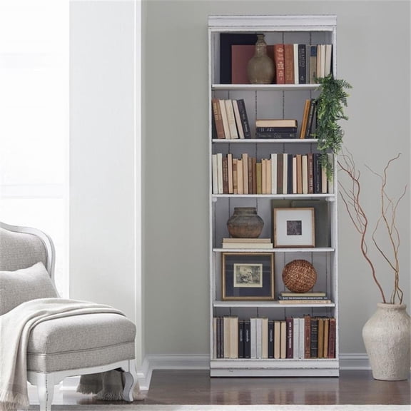 Pemberly Row 84 Inch Bookcase with Fixed Shelves and Planked Back in White