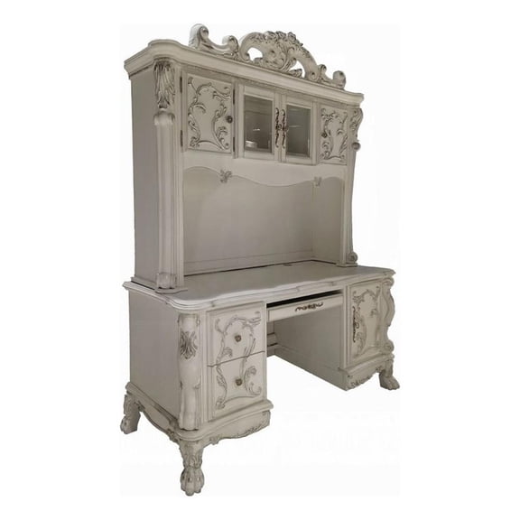 Pemberly Row 88 Inch Computer Desk and Hutch Victorian Classic in Bone White
