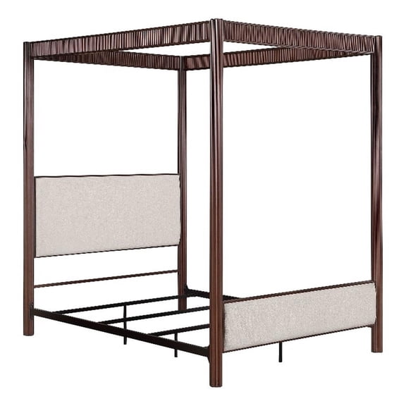 Pemberly Row 89 Inch Upholstered Metal Queen Canopy Bed in Rust Brown