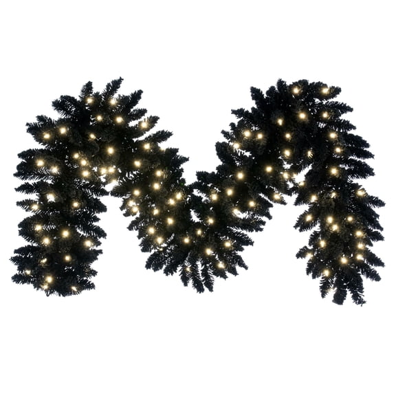 Pemberly Row 9' Flocked Black Fir Artificial Garland - Warm White LED Lights