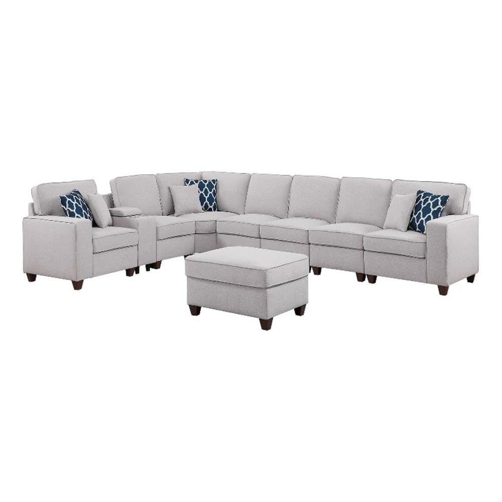 Light Gray 9-Piece Fabric Sectional with Ottoman and Cup Holder