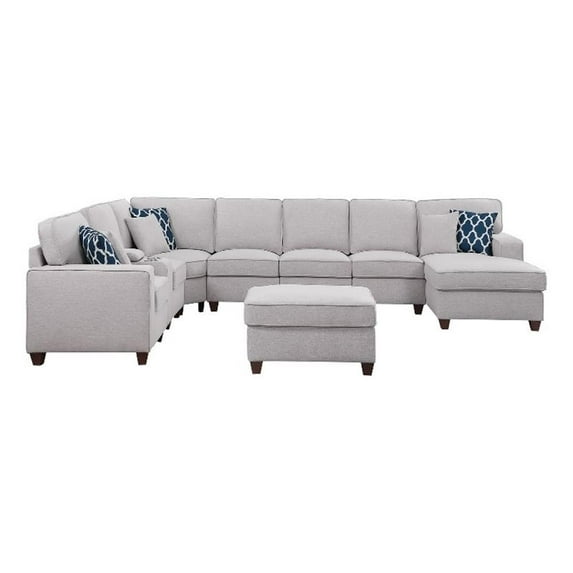 Pemberly Row 9-Piece Fabric Upholstered Sectional w/ Chaise & Console-Light Gray