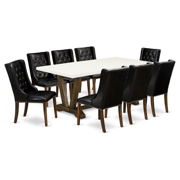 Pemberly Row 9-Piece Wood Dining Set in Jacobean Black and White Upholstery