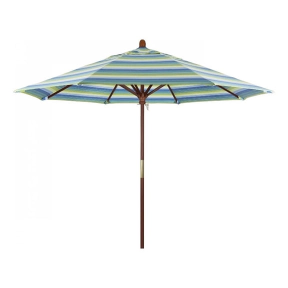 Pemberly Row 9' Push Lift Wood Pole Patio Umbrella - Performance Fabric Seaside