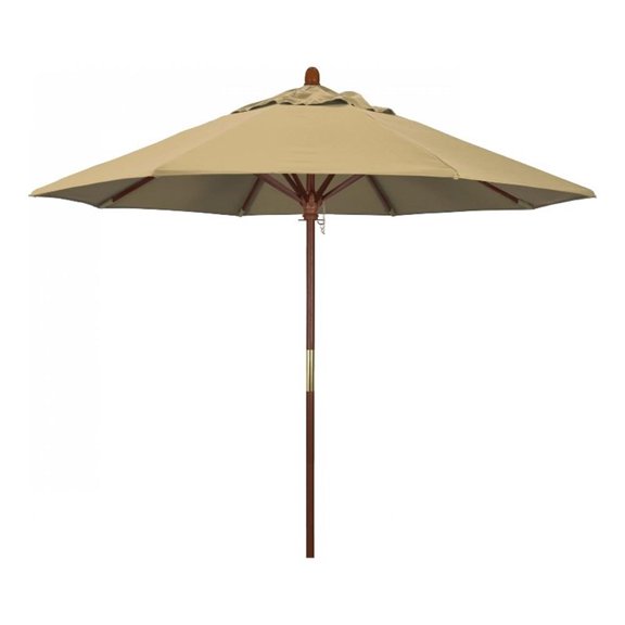 Pemberly Row 9' Push Lift Wood Pole Patio Umbrella in Olefin Champagne Fabric