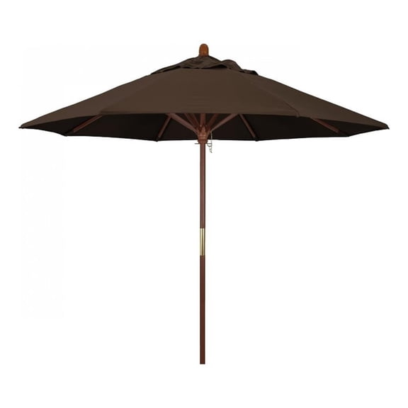 Pemberly Row 9' Push Lift Wood Pole Patio Umbrella in Pacifica Mocha Fabric