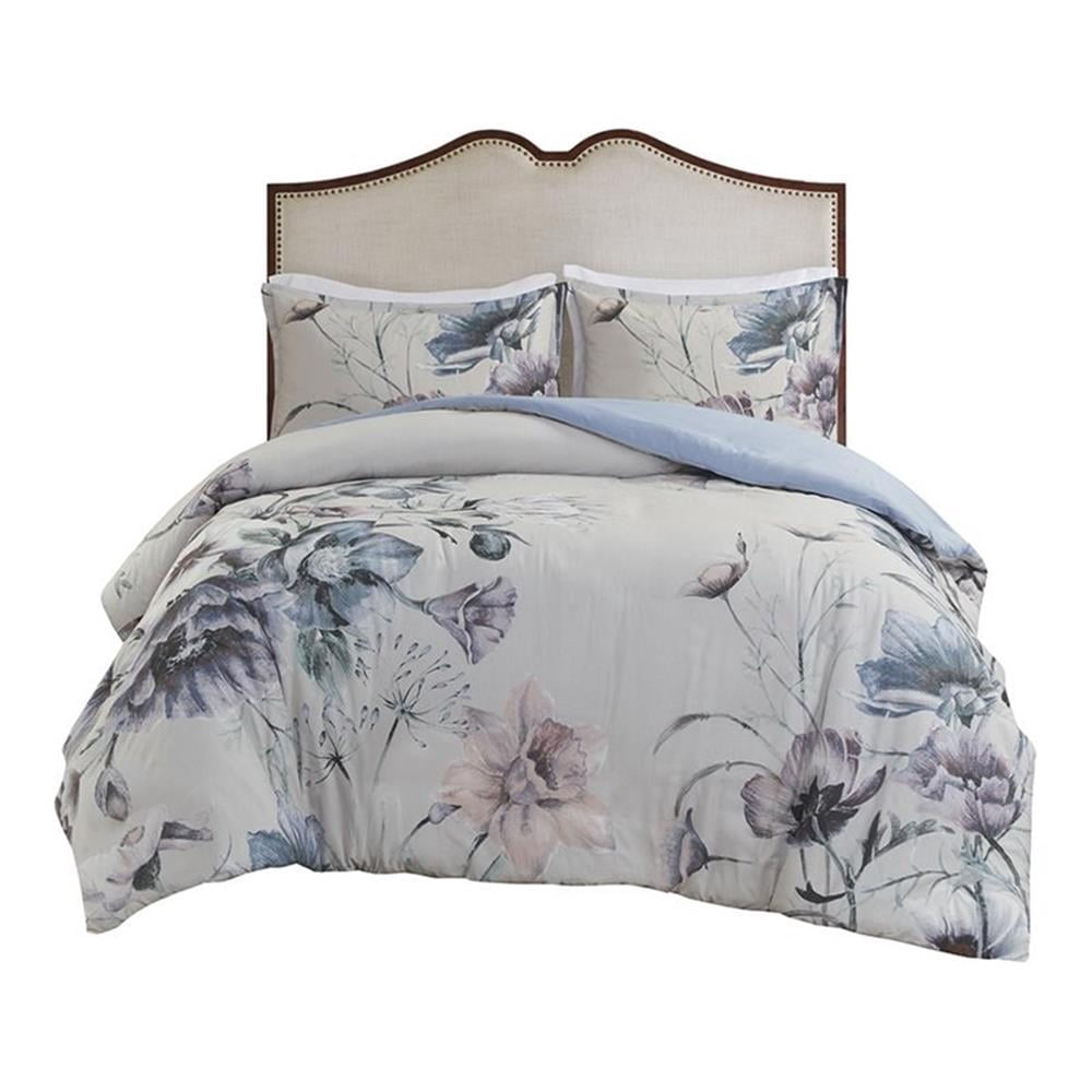 Pemberly Row 90" 3-Piece Cotton Printed Duvet Cover Set in Blue