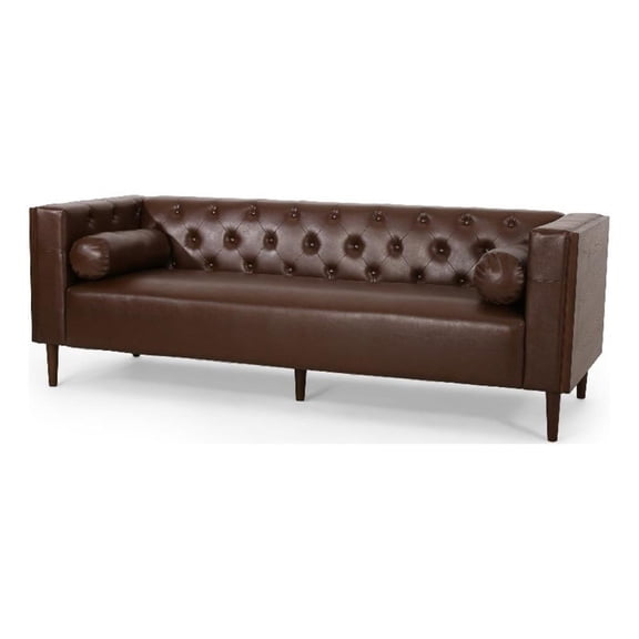 Pemberly Row 90" 3 Seater Sofa with Chesterfield Tufting in Brown Faux Leather