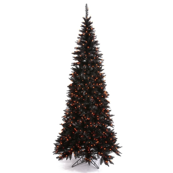Pemberly Row 90" Fir Slim Artificial Christmas Tree w/ Orange LED Lights - Black