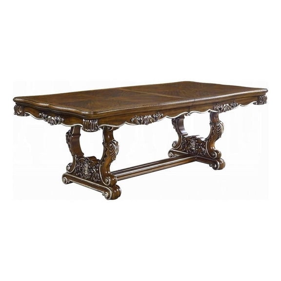 Pemberly Row 90 to 114 Inch Dining Table Carved Silver Trim Classic Antique Oak