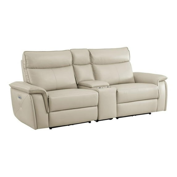 Pemberly Row 93.5" Contemporary Leather Double Reclining Loveseat in Beige