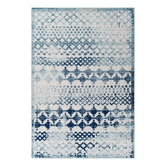 Pemberly Row 94.5x122" Giada Diamond Moroccan Trellis Area Rug in Ivory/Blue